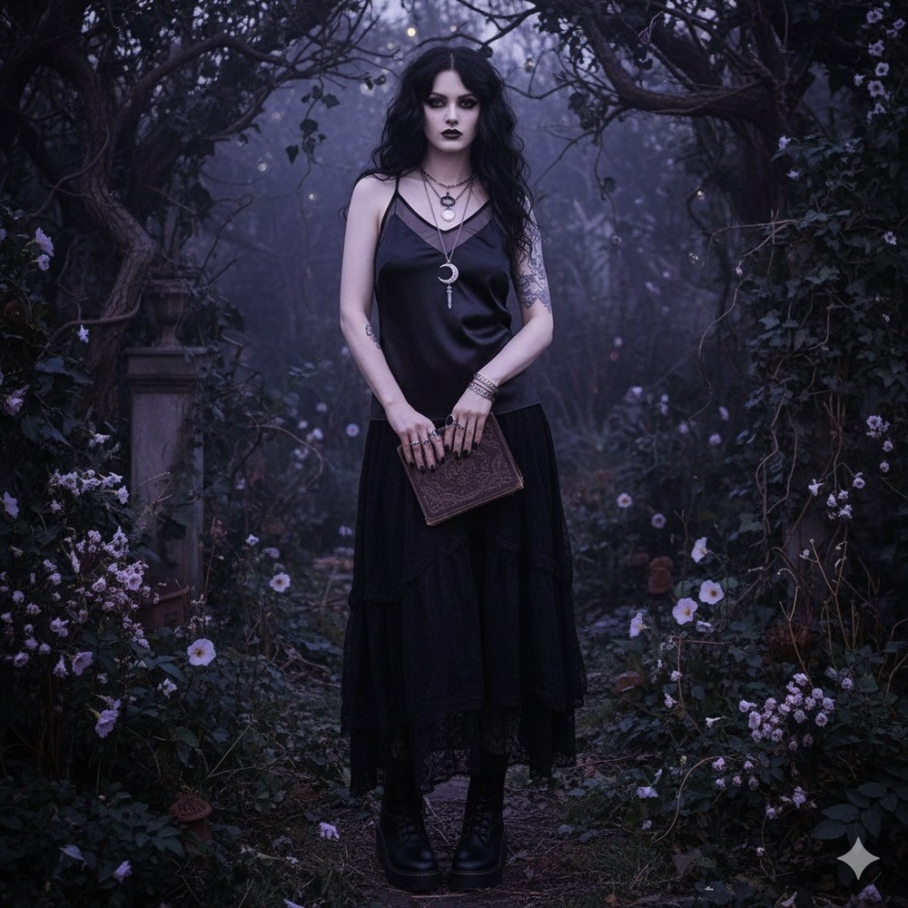 EKOUAER Babydoll Cami Womens‎ M Black Satin Mesh Trim Festival Witchy Whimsigoth